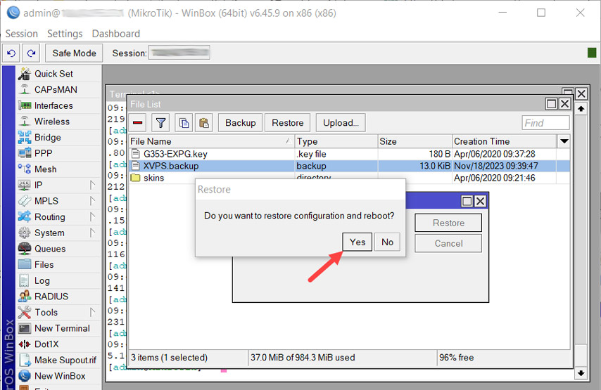 انتخاب yes؛ بازیابی فایل بک آپ در روتر میکروتیک جدید